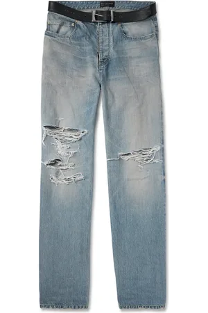 Balenciaga Straight-Leg Belted Distressed Selvedge Jeans