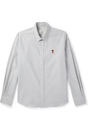 Ami Button-Down Collar Logo-Embroidered Striped Cotton Oxford Shirt
