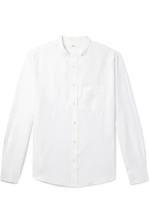 Mr P. Grandad-Collar Organic Cotton and Linen-Blend Seersucker Shirt