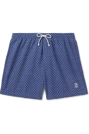 Brunello Cucinelli Straight-Leg Mid-Length Logo-Embroidered Printed Swim Shorts