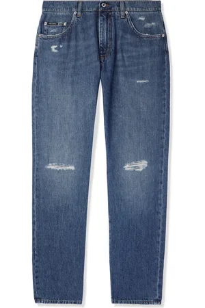 Dolce & Gabbana Straight-Leg Distressed Logo-Appliquéd Jeans