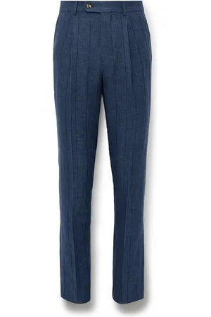 Brunello Cucinelli Slim-Fit Pleated Striped Wool, Linen and Silk-Blend Suit Trousers