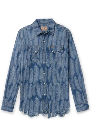 KAPITAL Magpie Distressed Denim-Jacquard Western Shirt
