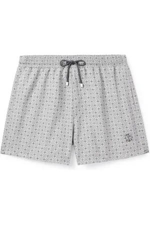 Brunello Cucinelli Straight-Leg Short-Length Logo-Embroidered Printed Swim Shorts