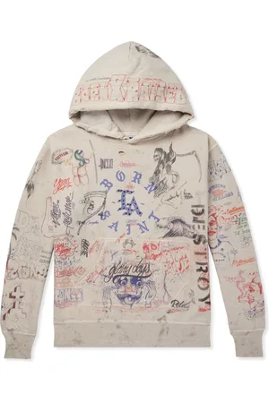 SAINT MXXXXXX Born X Raised Distressed Crystal-Embellished Printed Cotton-Jersey Hoodie
