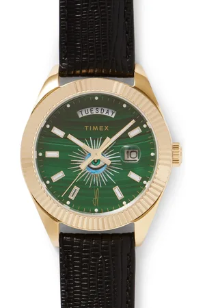 Timex Jacquie Aiche Legacy Day Date 41mm Stainless Steel, Malachite and Lizard-Effect Leather Watch