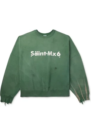 SAINT MXXXXXX Logo-Print Distressed Cotton-Jersey Sweatshirt