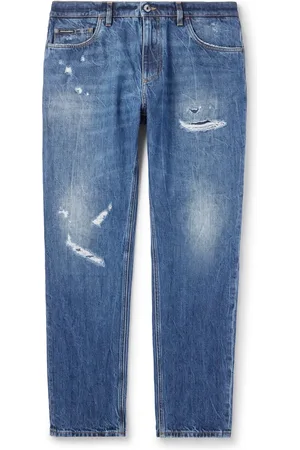Dolce & Gabbana Slim-Fit Tapered Logo-Embroidered Distressed Jeans