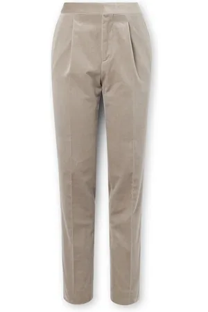 Brunello Cucinelli Straight-Leg Pleated Satin-Trimmed Cotton-Velvet Tuxedo Trousers