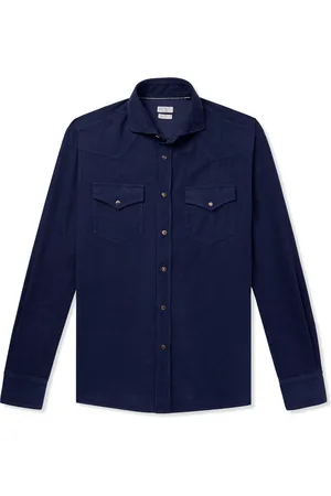 Brunello Cucinelli Cutaway-Collar Cotton-Corduroy Western Shirt