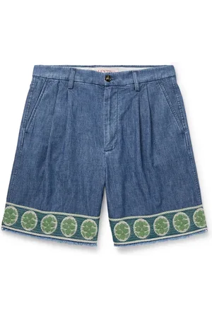VALENTINO GARAVANI Wide-Leg Pleated Embroidered Denim Shorts