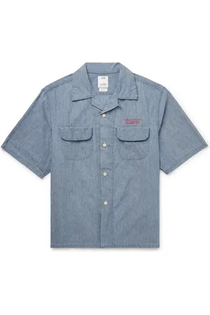 VISVIM Keesey Convertible-Collar Logo-Embroidered Cotton and Silk-Blend Chambray Shirt