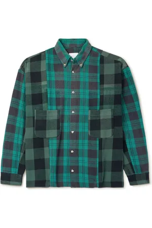 READYMADE Button-Down Collar Patchwork Checked Cotton-Flannel Shirt