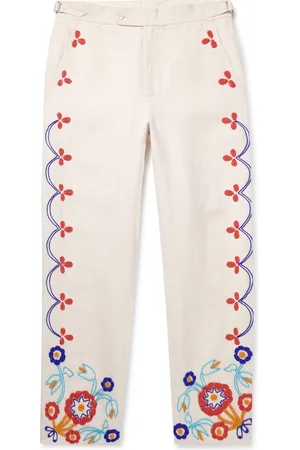 BODE Garden Party Straight-Leg Bead-Embellished Linen Trousers