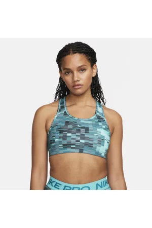 Nike Mulher Soutiens Sem Enchimento - Sutiã de desporto estampado de suporte médio com almofada de peça única Swoosh para mulher