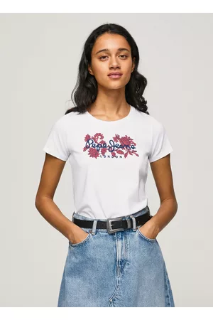 Pepe Jeans Mulher T-shirts & Manga Curta - T-shirt lycra com logo estampado