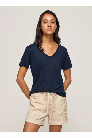 Pepe Jeans Mulher T-shirts & Manga Curta - T-shirt de linho com decote v