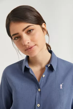 Polo Club Mulher Camisas de Ganga - Camisa Azul Denim De Linho-Algodão Com Pormenor Bordado Rigby Go