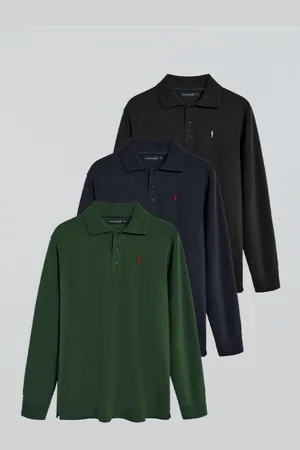 Polo Club® Pack De Três Polos De Manga Comprida Em Azul Marinho, Preto E Verde Garrafa Com Logo Rigby Go