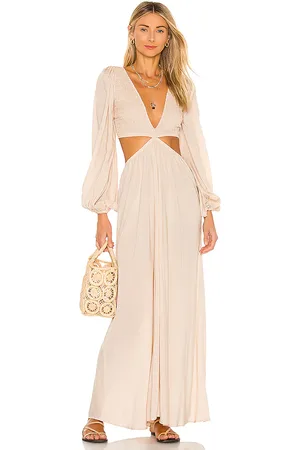 Indah Julie Solid Ruched Bodice Cutaway Maxi Dress in - Beige. Size M (also in S).