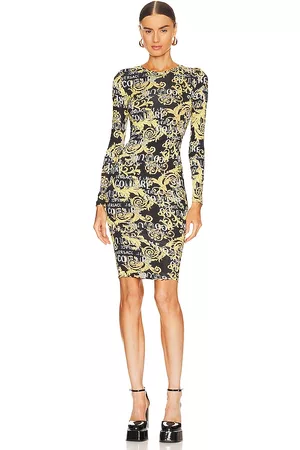 VERSACE Logo Couture Long Sleeve Dress in - Yellow. Size 38 (also in 40, 42, 44).