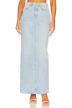 GRLFRND Amara Pencil Skirt With Back Slit in - Denim-Light. Size 23 (also in 24).