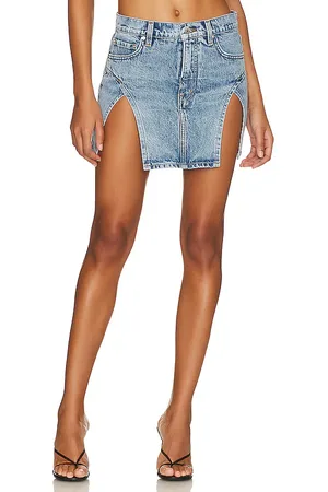 GRLFRND Jasmine Mini Skirt With Double Slit in - Denim-Light. Size 24 (also in 25).