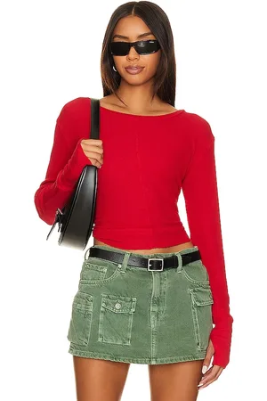 Bobi Cropped Long Sleeve Top in - Red. Size L (also in M, S, XL, XS).