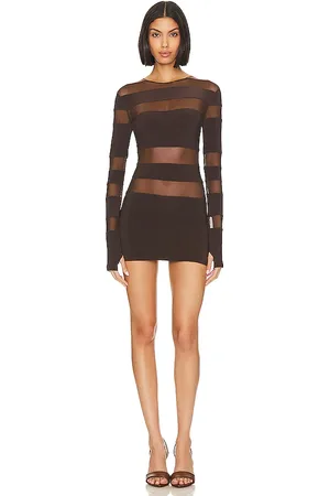 Norma Kamali Spliced Long Sleeve Pickleball Dress in Chocolate Mesh in Chocolate/chocolate Mesh - Chocolate. Size L (also in M, S, XL, XS, XXS).