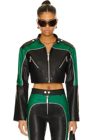 Camila Coelho Cropped Moto Biker Leather Jacket in - Green,Black. Size S (also in XXS).