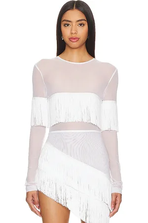 Norma Kamali Long Sleeve Crewneck Fringe Top in - White. Size L (also in M, S, XXS).