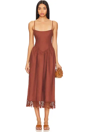 Tularosa Lexi Midi Dress in - Chocolate. Size L (also in M, S, XL, XXS).