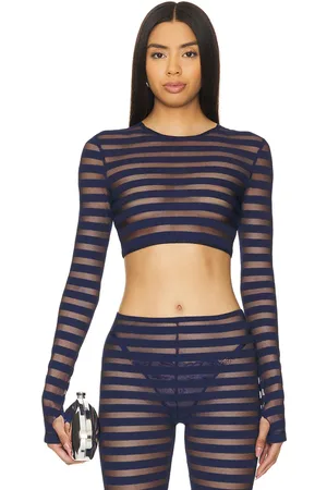Norma Kamali Cropped Long Sleeve Crewneck Top in - Navy. Size M (also in S, XS).