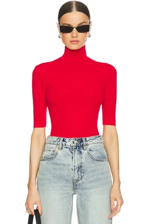 Norma Kamali Slim Fit Short Sleeve Turtleneck Top in - Red. Size L (also in XL, XXS).