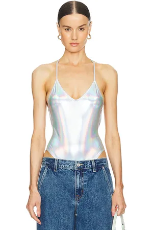 Norma Kamali Low Back Fara Bodysuit in - Metallic Silver. Size M (also in S, XS).