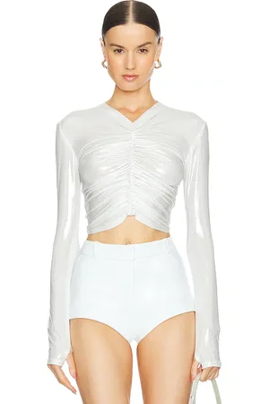 Norma Kamali Long Sleeve V Neck Shirred Front Top in - White. Size L (also in S).