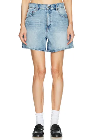 GRLFRND Reggie Mid Rise Long Mom Short in - Denim-Light. Size 23 (also in 24, 25).