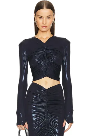 Norma Kamali Long Sleeve V Neck Shirred Front Top in - Navy. Size XS (also in XXS).