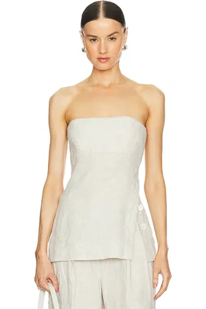 GRLFRND Linen Strapless Tunic Top in - Beige. Size L (also in M, S, XL, XS, XXS).
