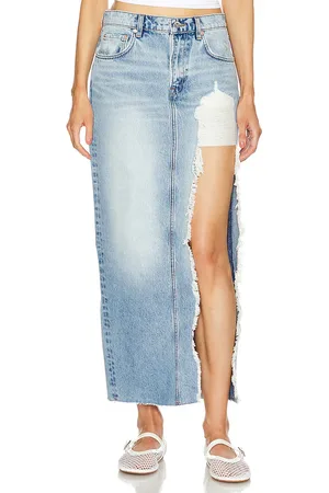 GRLFRND Blanca Maxi Skirt With High Slit in - Denim-Light. Size 23 (also in 24, 25).