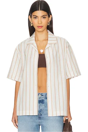 WAO Textured Stripe Camp Shirt in - White. Size M (also in L, S, XS).