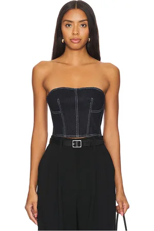 FLEUR DU MAL Denim Cropped Bustier in - Denim-Dark. Size 0 (also in 2, 4, 6).