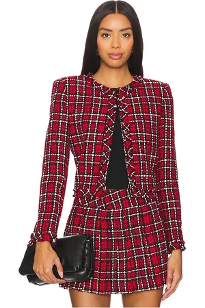 ALICE+OLIVIA Kidman Jacket in School Girl Plaid Bright Ruby in - Burgundy. Size 10 (also in 2, 4, 6, 8).
