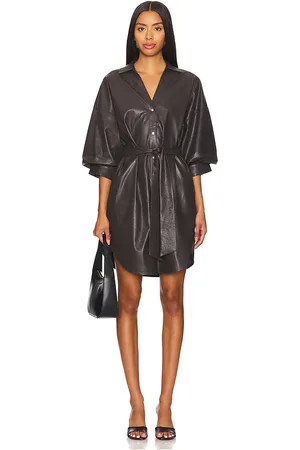 BROCHU WALKER Kate Belted Vegan Leather Shirt Dress in - Brown. Size S (also in XS).
