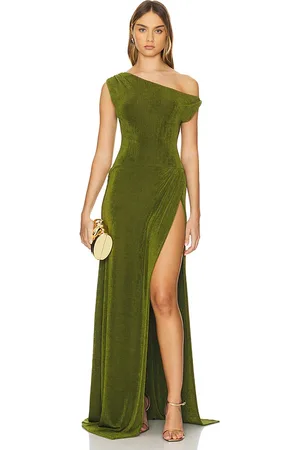 Khanums Slinky Off The Shoulder Maxi Dress in - Green. Size L (also in M, S, XS, XXS).