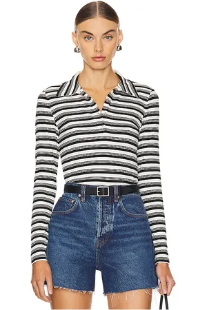 LnA Sylvie Collared Ribbed Long Sleeve Top in - Black & White. Size S (also in XL, XS).