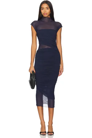 SER.O.YA Tabitha Mesh Ruched Midi Dress in - Navy. Size L (also in S, XL).