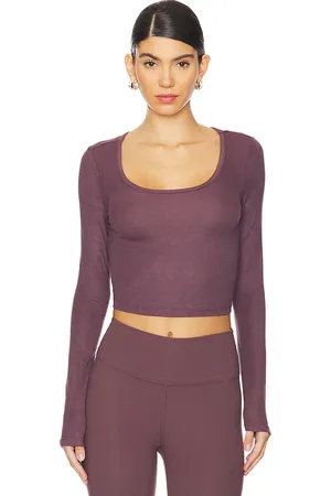 IVL COLLECTIVE Long Sleeve Cropped Scoop Neck Top in - Plum. Size L (also in M, S, XL, XS).