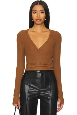 Michael Lauren Fairbanks Surplice Deep V Long Sleeve W/ Thumbhole Top in - Brown. Size L (also in M, S, XL, XS).