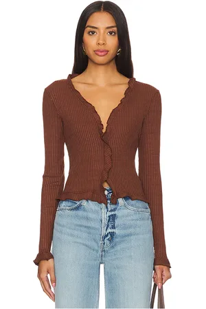 LA Made Sweet Serenade Ruffle Cardigan in - Brown. Size L (also in M, S, XL, XS, XXL).